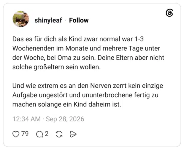 Das es für dich als Kind zwar normal war 1-3 Wochenenden im Monate und mehrere Tage unter der Woche, bei Oma zu sein. Deine Eltern aber nicht solche großeltern sein wollen. Und wie extrem es an den Nerven zerrt kein einzige Aufgabe ungestört und ununterbrochene fertig zu machen solange ein Kind daheim ist.