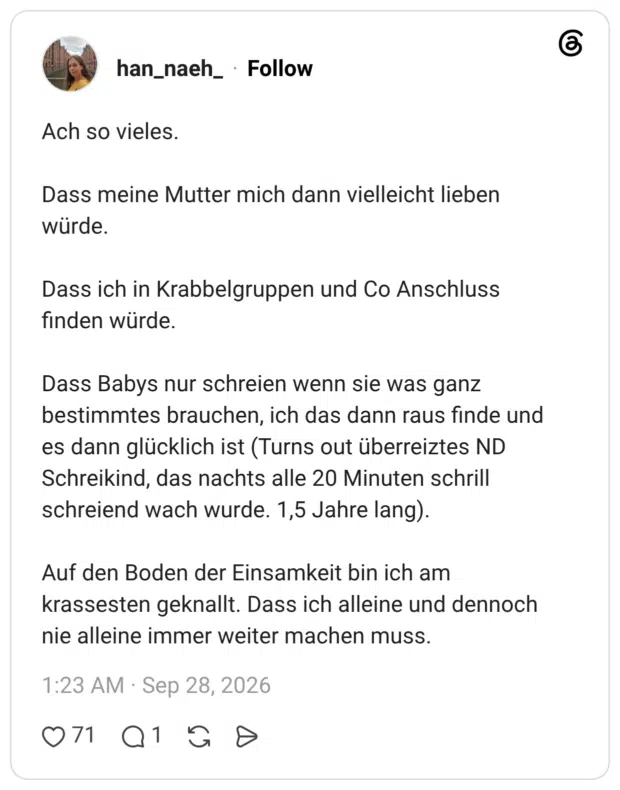 Ach so vieles. Dass meine Mutter mich dann vielleicht lieben würde. Dass ich in Krabbelgruppen und Co Anschluss finden würde. Dass Babys nur schreien wenn sie was ganz bestimmtes brauchen, ich das dann raus finde und es dann glücklich ist (Turns out überreiztes ND Schreikind, das nachts alle 20 Minuten schrill schreiend wach wurde. 1,5 Jahre lang). Auf den Boden der Einsamkeit bin ich am krassesten geknallt. Dass ich alleine und dennoch nie alleine immer weiter machen muss.