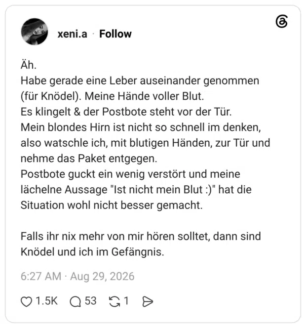 Äh. Habe gerade eine Leber auseinander genommen (für Knödel). Meine Hände voller Blut. Es klingelt & der Postbote steht vor der Tür. Mein blondes Hirn ist nicht so schnell im denken, also watschle ich, mit blutigen Händen, zur Tür und nehme das Paket entgegen. Postbote guckt ein wenig verstört und meine lächelne Aussage "Ist nicht mein Blut :)" hat die Situation wohl nicht besser gemacht. Falls ihr nix mehr von mir hören solltet, dann sind Knödel und ich im Gefängnis.