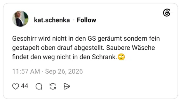Geschirr wird nicht in den GS geräumt sondern fein gestapelt oben drauf abgestellt. Saubere Wäsche findet den weg nicht in den Schrank.🙄