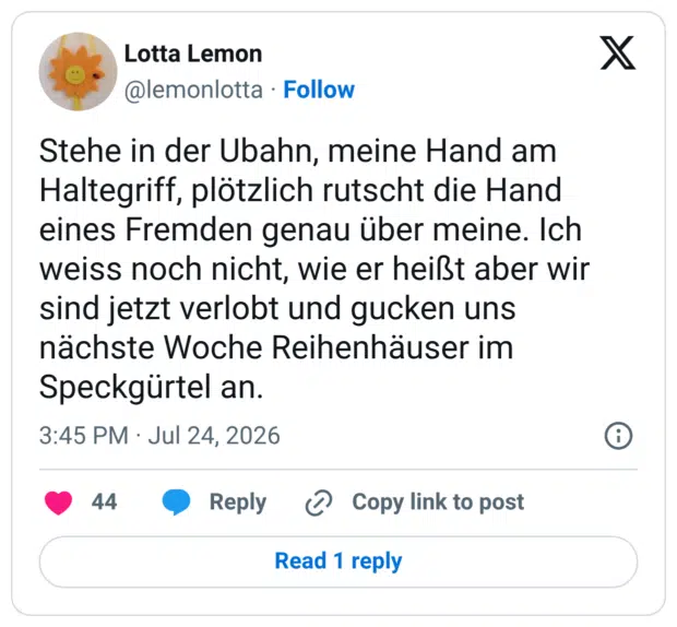 Stehe in der Ubahn, meine Hand am Haltegriff, plötzlich rutscht die Hand eines Fremden genau über meine. Ich weiss noch nicht, wie er heißt aber wir sind jetzt verlobt und gucken uns nächste Woche Reihenhäuser im Speckgürtel an.