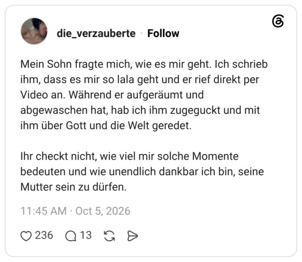 Mein Sohn fragte mich, wie es mir geht. Ich schrieb ihm, dass es mir so lala geht und er rief direkt per Video an. Während er aufgeräumt und abgewaschen hat, hab ich ihm zugeguckt und mit ihm über Gott und die Welt geredet. Ihr checkt nicht, wie viel mir solche Momente bedeuten und wie unendlich dankbar ich bin, seine Mutter sein zu dürfen.