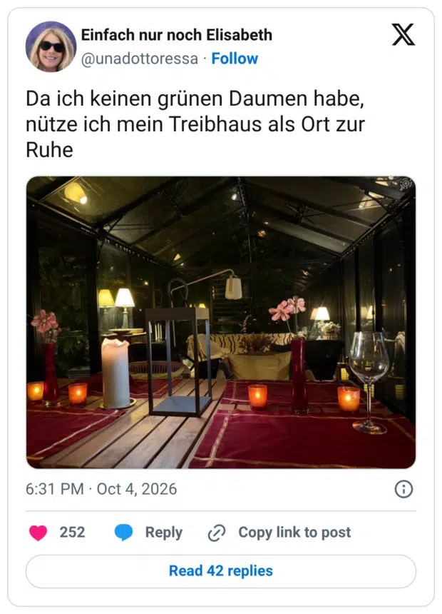 Da ich keinen grünen Daumen habe, nütze ich mein Treibhaus als Ort zur Ruhe