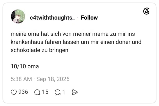 meine oma hat sich von meiner mama zu mir ins krankenhaus fahren lassen um mir einen döner und schokolade zu bringen 10/10 oma