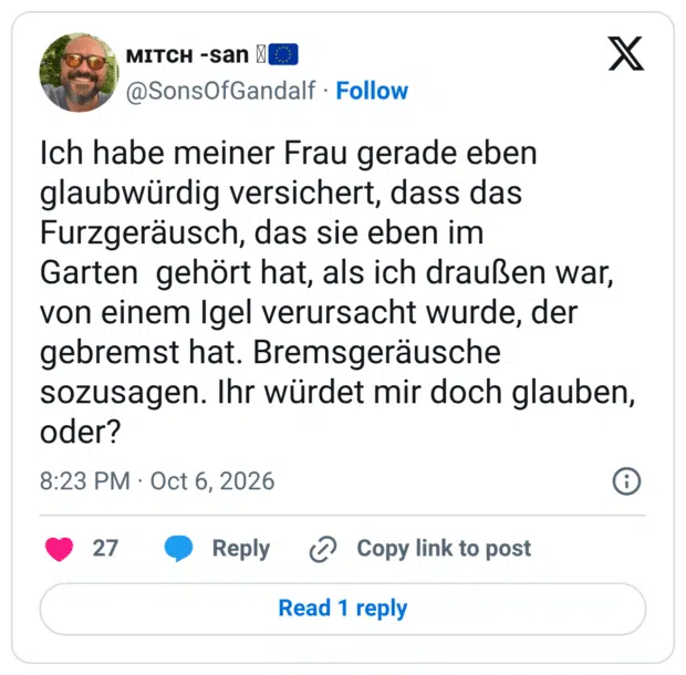 Ich habe meiner Frau gerade eben glaubwürdig versichert, dass das Furzgeräusch, das sie eben im Garten gehört hat, als ich draußen war, von einem Igel verursacht wurde, der gebremst hat. Bremsgeräusche sozusagen. Ihr würdet mir doch glauben, oder?