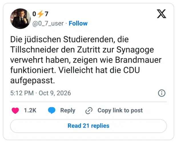Die jüdischen Studierenden, die Tillschneider den Zutritt zur Synagoge verwehrt haben, zeigen wie Brandmauer funktioniert. Vielleicht hat die CDU aufgepasst.