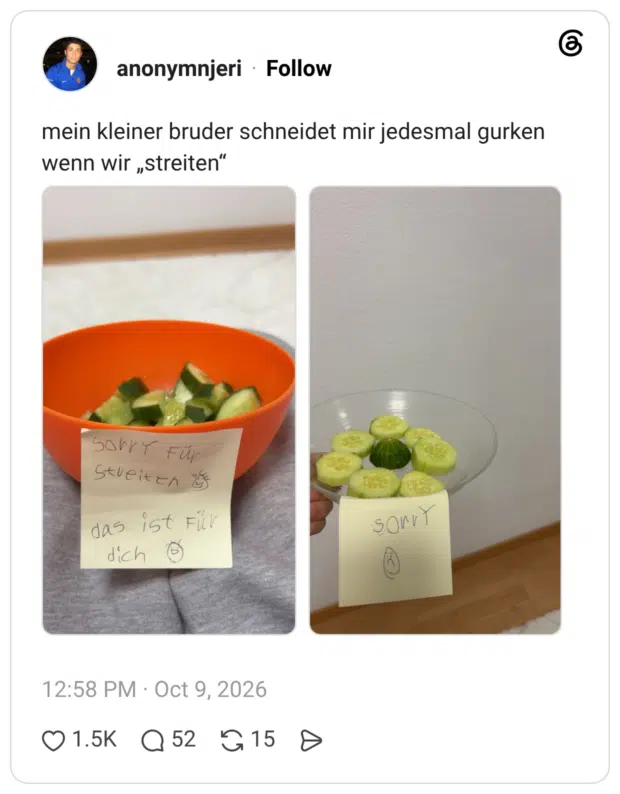 mein kleiner bruder schneidet mir jedesmal gurken wenn wir „streiten"