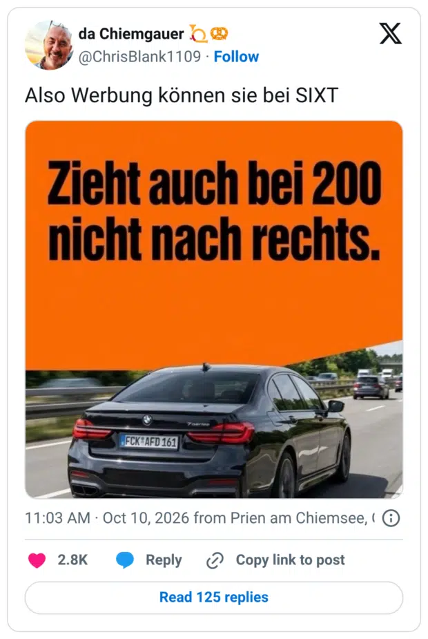 Also Werbung können sie bei SIXT Zieht auch bei 200 nicht nach rechts.