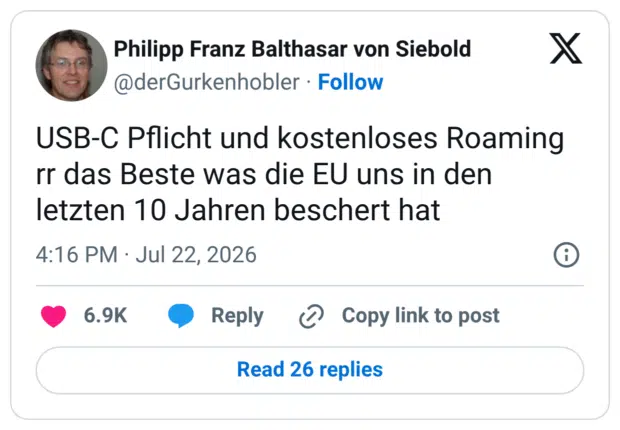 USB-C Pflicht und kostenloses Roaming rr das Beste was die EU uns in den letzten 10 Jahren beschert hat