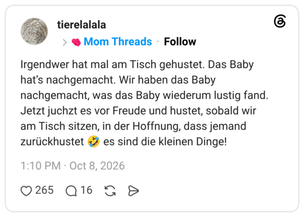 Irgendwer hat mal am Tisch gehustet. Das Baby hat's nachgemacht. Wir haben das Baby nachgemacht, was das Baby wiederum lustig fand. Jetzt juchzt es vor Freude und hustet, sobald wir am Tisch sitzen, in der Hoffnung, dass jemand zurückhustet ‹ es sind die kleinen Dinge!
