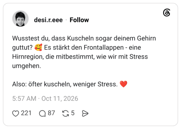 Wusstest du, dass Kuscheln sogar deinem Gehirn guttut? 🥰 Es stärkt den Frontallappen - eine Hirnregion, die mitbestimmt, wie wir mit Stress umgehen. Also: öfter kuscheln, weniger Stress. ❤️