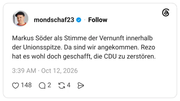 Markus Söder als Stimme der Vernunft innerhalb der Unionsspitze. Da sind wir angekommen. Rezo hat es wohl doch geschafft, die CDU zu zerstören.