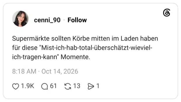 Supermärkte sollten Körbe mitten im Laden haben für diese "Mist-ich-hab-total-überschätzt-wieviel- ich-tragen-kann" Momente.