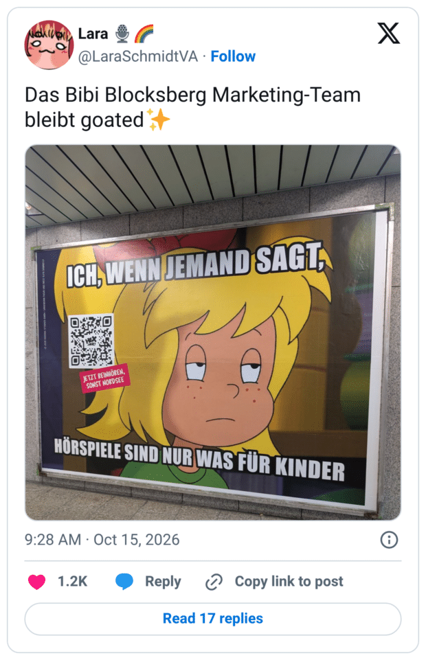 Das Bibi Blocksberg Marketing-Team bleibt goated ICH, WENN JEMAND SAGTE JETZT REINHÖREN, SONST NORDSEE HÖRSPIELE SIND NUR WAS FÜR KINDER
