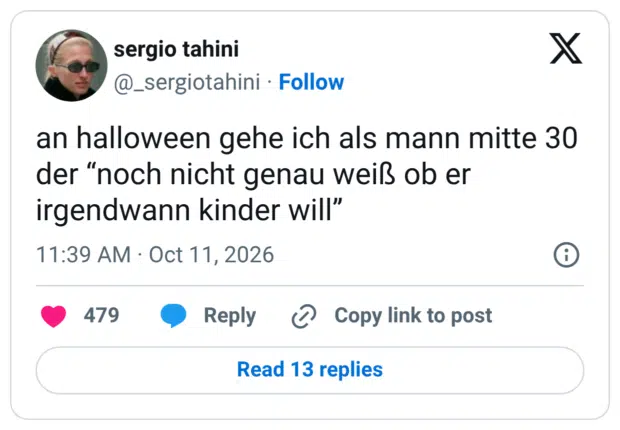 an halloween gehe ich als mann mitte 30 der "noch nicht genau weiß ob er irgendwann kinder will"