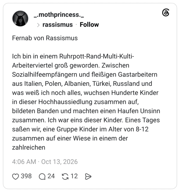 Fernab von Rassismus Ich bin in einem Ruhrpott-Rand-Multi-Kulti- Arbeiterviertel groß geworden. Zwischen Sozialhilfeempfängern und fleißigen Gastarbeitern aus Italien, Polen, Albanien, Türkei, Russland und was weiß ich noch alles, wuchsen Hunderte Kinder in dieser Hochhaussiedlung zusammen auf, bildeten Banden und machten einen Haufen Unsinn zusammen. Ich war eins dieser Kinder. Eines Tages saßen wir, eine Gruppe Kinder im Alter von 8-12 zusammen auf einer Wiese in einem der zahlreichen