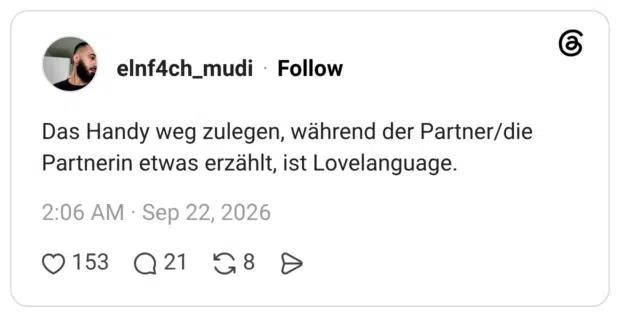 Das Handy weg zulegen, während der Partner/die Partnerin etwas erzählt, ist Lovelanguage.