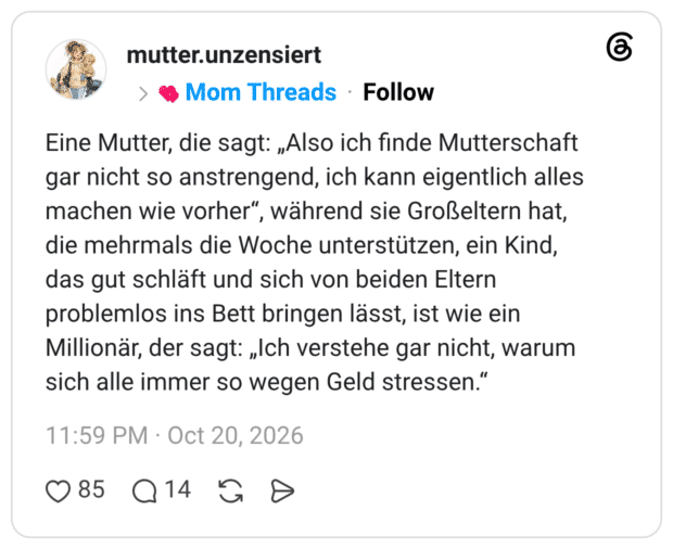 Eine Mutter, die sagt: „Also ich finde Mutterschaft gar nicht so anstrengend, ich kann eigentlich alles machen wie vorher", während sie Großeltern hat, die mehrmals die Woche unterstützen, ein Kind, das gut schläft und sich von beiden Eltern problemlos ins Bett bringen lässt, ist wie ein Millionär, der sagt: „Ich verstehe gar nicht, warum sich alle immer so wegen Geld stresseni