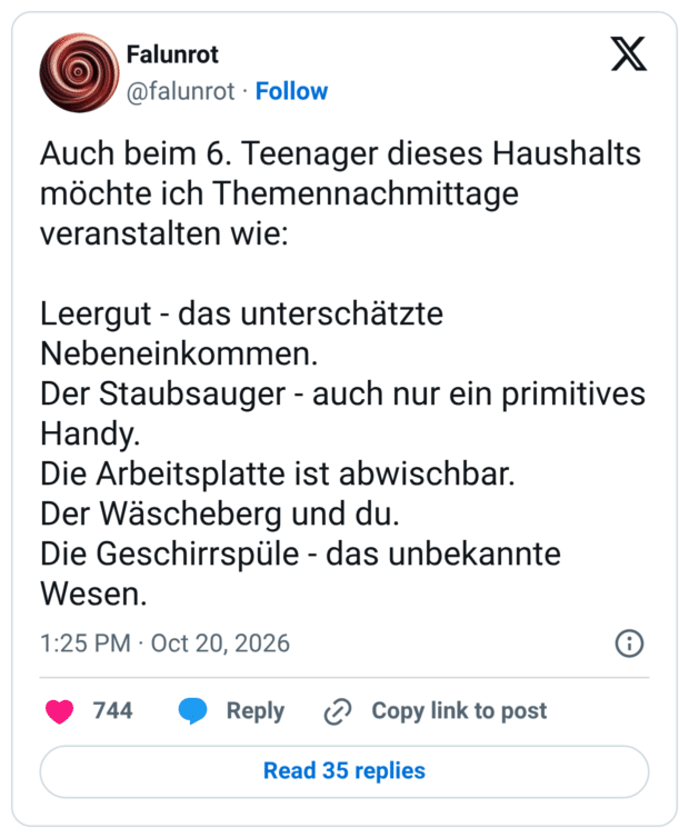 Auch beim 6. Teenager dieses Haushalts möchte ich Themennachmittage veranstalten wie: Leergut - das unterschätzte Nebeneinkommen. Der Staubsauger - auch nur ein primitives Handy. Die Arbeitsplatte ist abwischbar. Der Wäscheberg und du. Die Geschirrspüle - das unbekannte Wesen.