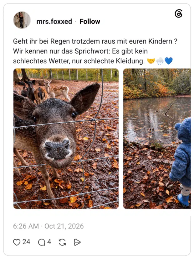 Geht ihr bei Regen trotzdem raus mit euren Kindern ? Wir kennen nur das Sprichwort: Es gibt kein schlechtes Wetter, nur schlechte Kleidung. 🤝🌧️💙