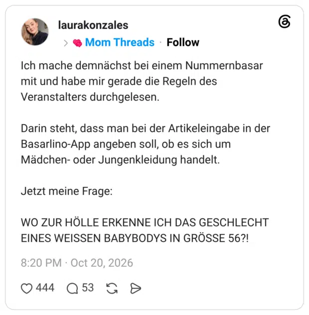 Ich mache demnächst bei einem Nummernbasar mit und habe mir gerade die Regeln des Veranstalters durchgelesen. Darin steht, dass man bei der Artikeleingabe in der Basarlino-App angeben soll, ob es sich um Mädchen- oder Jungenkleidung handelt. Jetzt meine Frage: WO ZUR HÖLLE ERKENNE ICH DAS GESCHLECHT EINES WEISSEN BABYBODYS IN GRÖSSE 56?