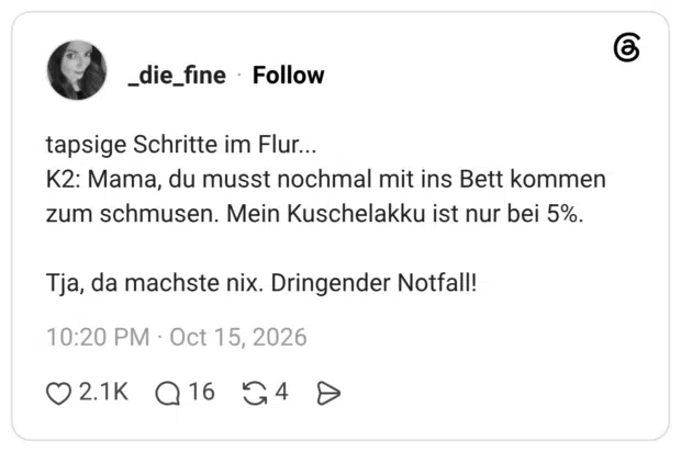 tapsige Schritte im Flur... K2: Mama, du musst nochmal mit ins Bett kommen zum schmusen. Mein Kuschelakku ist nur bei 5%. Tja, da machste nix. Dringender Notfall!