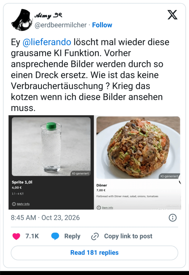 Ey @lieferando löscht mal wieder diese grausame KI Funktion. Vorher ansprechende Bilder werden durch so einen Dreck ersetz. Wie ist das keine Verbrauchertäuschung ? Krieg das kotzen wenn ich diese Bilder ansehen muss.