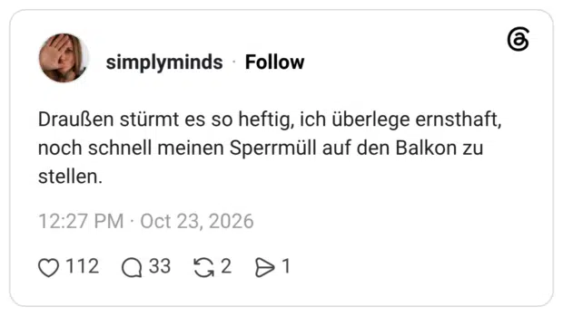 Draußen stürmt es so heftig, ich überlege ernsthaft, noch schnell meinen Sperrmüll auf den Balkon zu stellen.