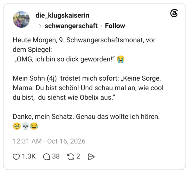 Heute Morgen, 9. Schwangerschaftsmonat, vor dem Spiegel: „OMG, ich bin so dick geworden!" H Mein Sohn (4j) tröstet mich sofort: „Keine Sorge, Mama. Du bist schön! Und schau mal an, wie cool du bist, du siehst wie Obelix aus." Danke, mein Schatz. Genau das wollte ich hören.