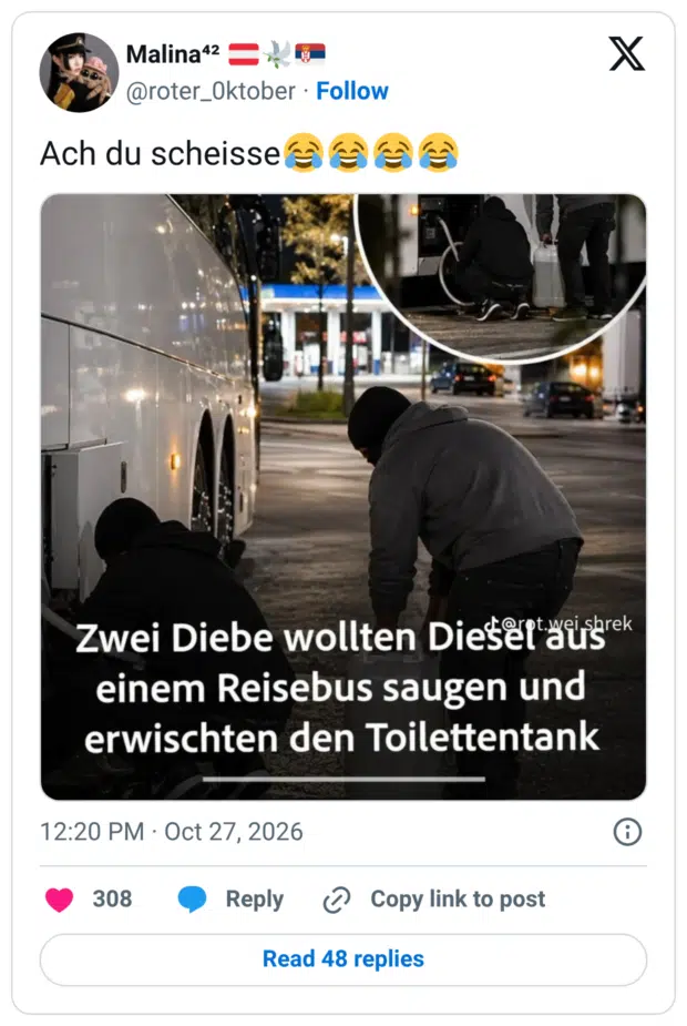 Zwei Diebe wollten Dieselt ausgrek einem Reisebus saugen und erwischten den Toilettentank