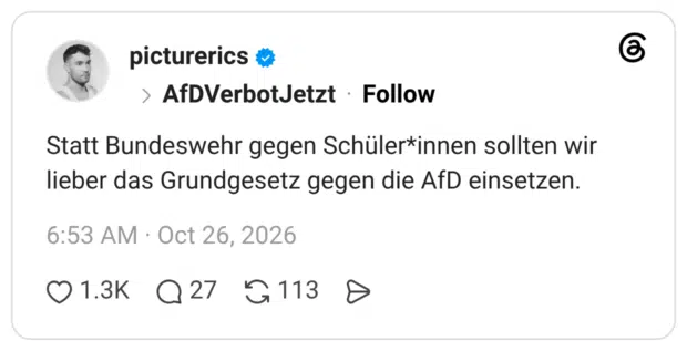 Statt Bundeswehr gegen Schüler*innen sollten wir lieber das Grundgesetz gegen die AfD einsetzen.