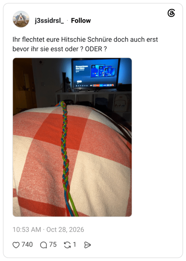 Ihr flechtet eure Hitschie Schnüre doch auch erst bevor ihr sie esst oder ? ODER ?