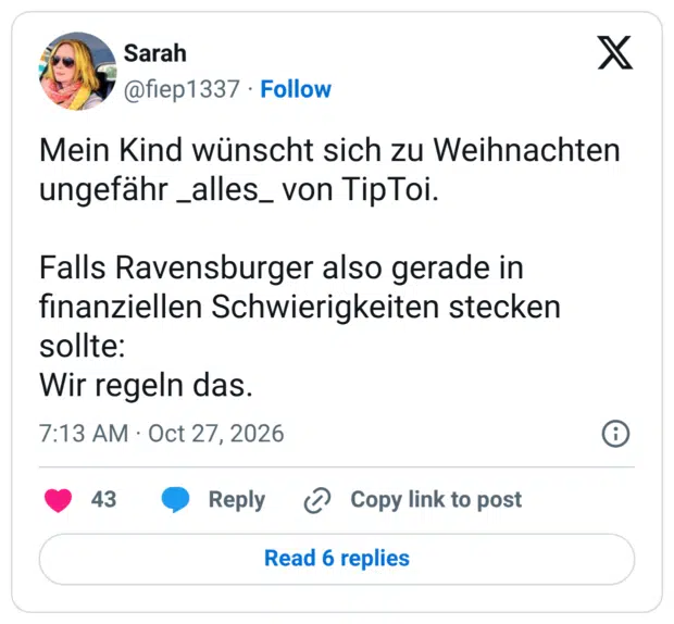 Mein Kind wünscht sich zu Weihnachten ungefähr _alles_ von TipToi. Falls Ravensburger also gerade in finanziellen Schwierigkeiten stecken sollte: Wir regeln das.